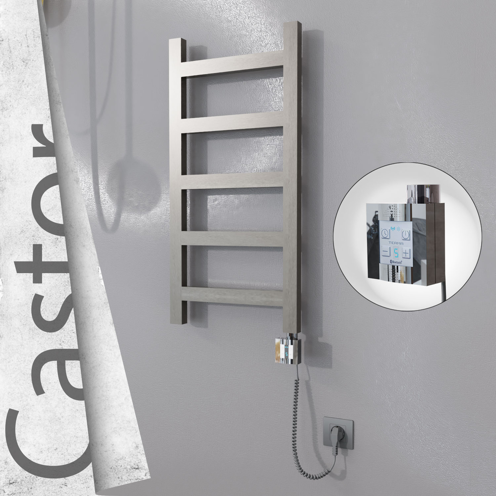 Castor Electric Stainless Steel Towel Rail 400x820 Satin Polished (KTX4 Thermostat) 200W Spiral Cable - 1