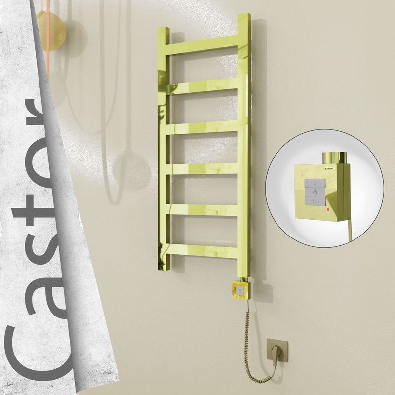 Castor Electric Stainless Steel Towel Rail 400x980 Gold (KTX1 Thermostat) 200W Spiral Cable 