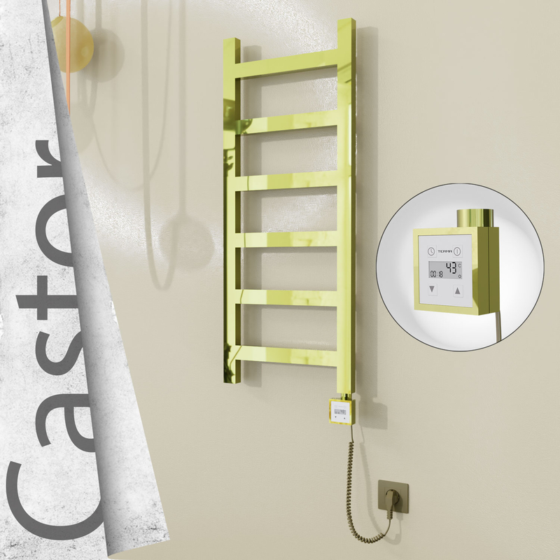 Castor Electric Stainless Steel Towel Rail 400x980 Gold (KTX3 Thermostat) 200W Spiral Cable 
