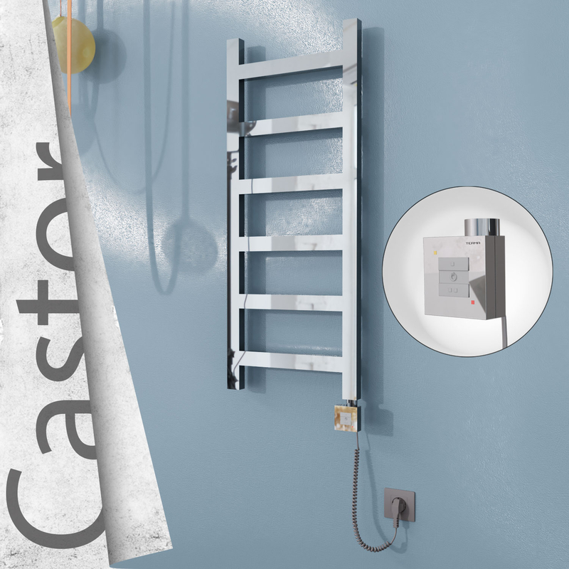 Castor Electric Stainless Steel Towel Rail 400x980 Mirror Polished (KTX1 Thermostat) 200W Spiral Cable 