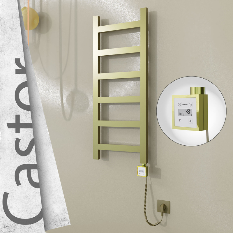 Castor Electric Stainless Steel Towel Rail 400x980 Satin Gold (KTX3 Thermostat) 200W Spiral Cable 
