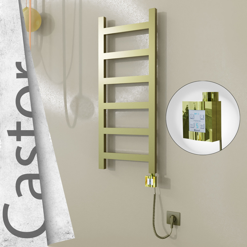 Castor Electric Stainless Steel Towel Rail 400x980 Satin Gold (KTX4 Thermostat) 200W Spiral Cable 