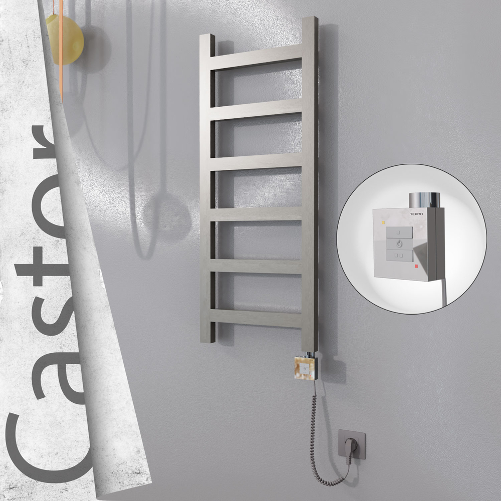 Castor Electric Stainless Steel Towel Rail 400x980 Satin Polished (KTX1 Thermostat) 200W Spiral Cable - 1