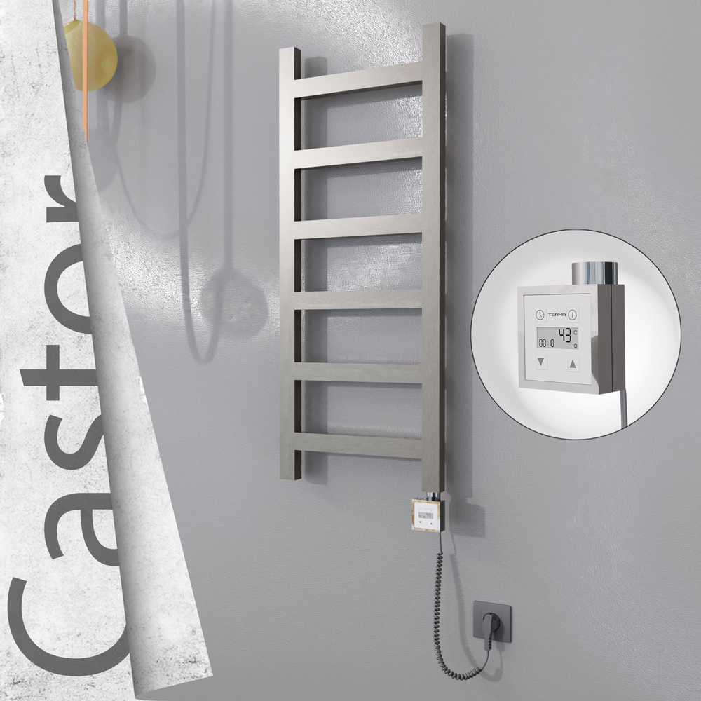 Castor Electric Stainless Steel Towel Rail 400x980 Satin Polished (KTX3 Thermostat) 200W Spiral Cable - 1