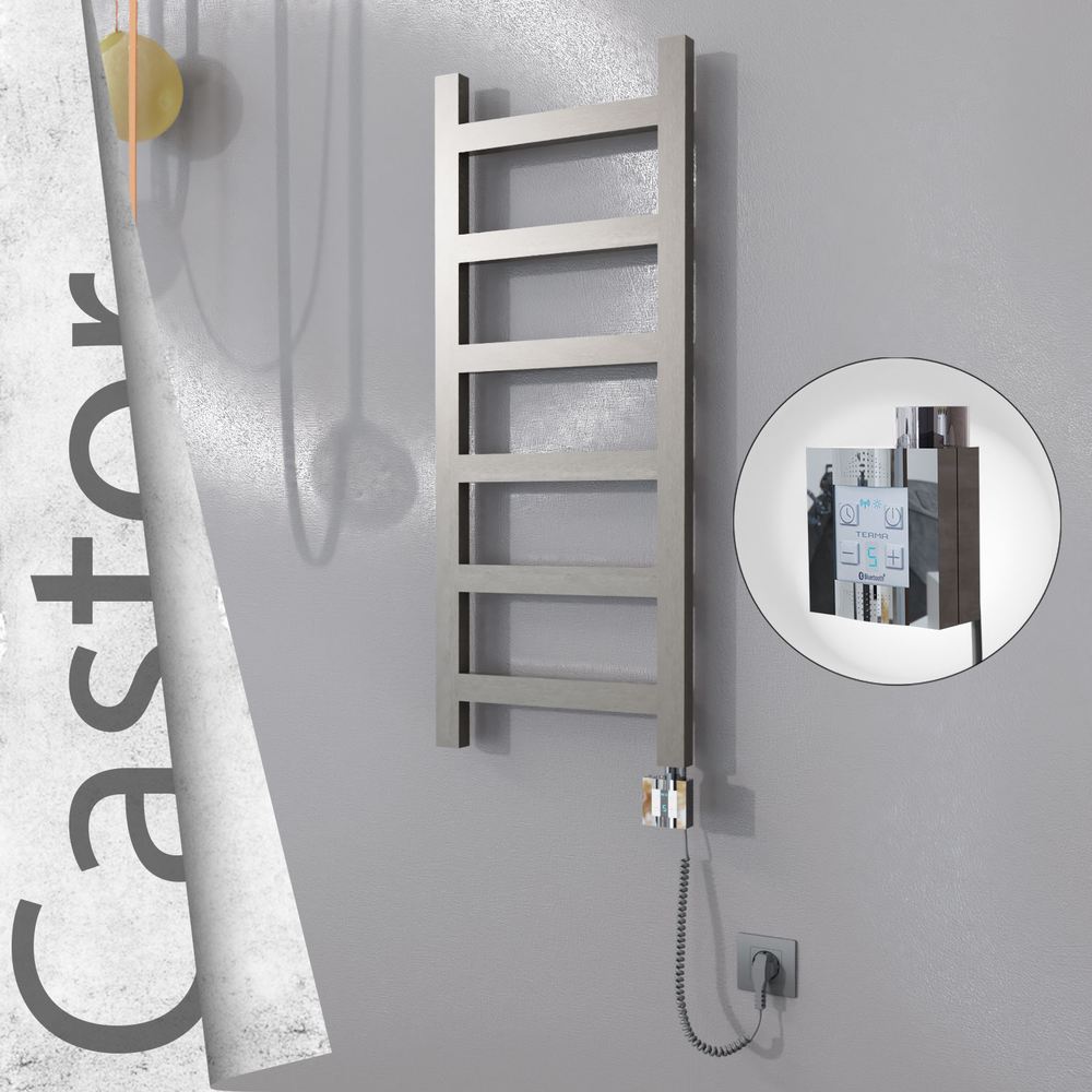 Castor Electric Stainless Steel Towel Rail 400x980 Satin Polished (KTX4 Thermostat) 200W Spiral Cable - 1