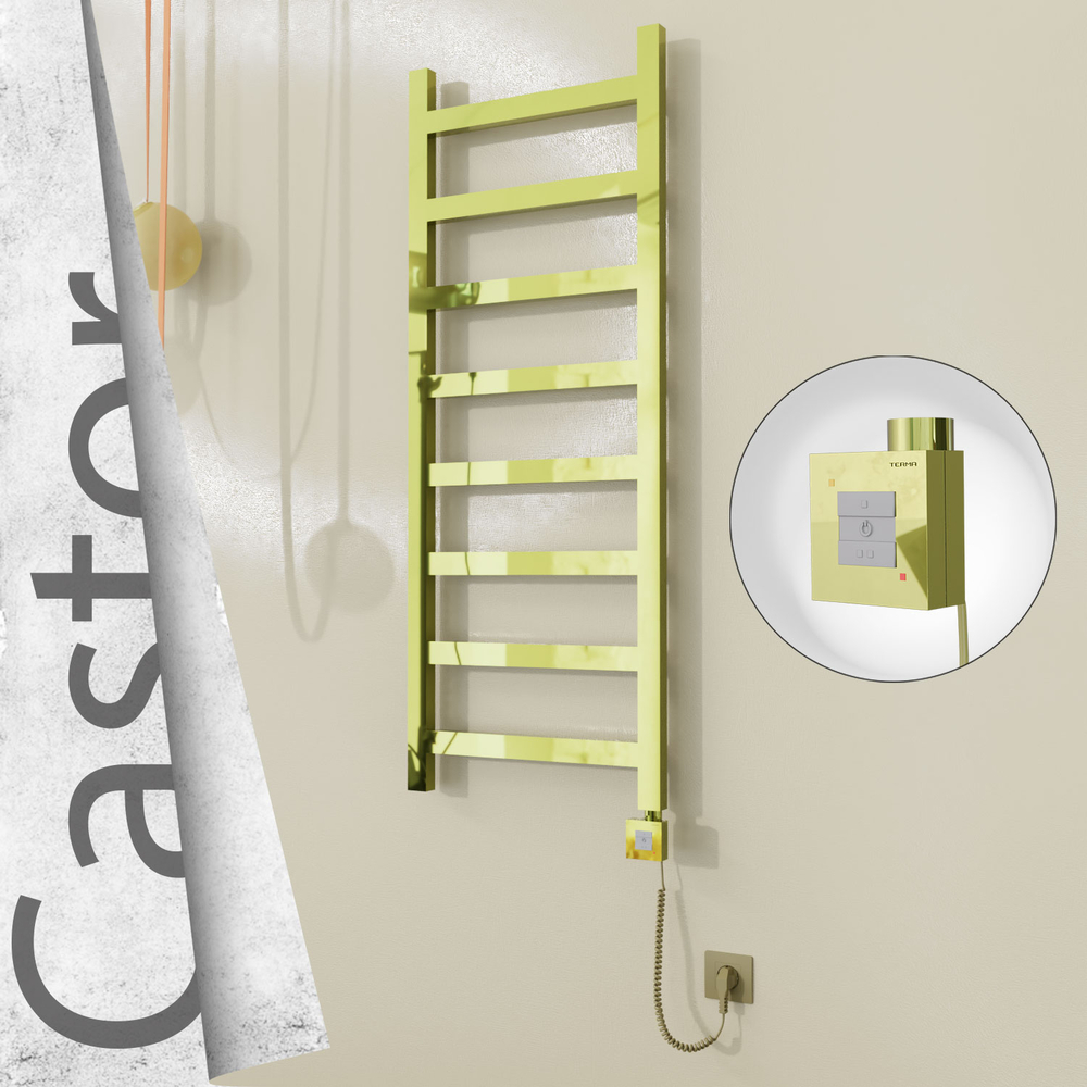 Castor Electric Stainless Steel Towel Rail 500x1300 Gold (KTX1 Thermostat) 300W Spiral Cable - 1