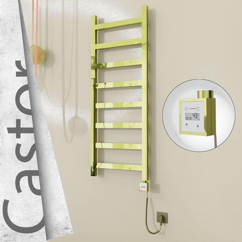 Castor Electric Stainless Steel Towel Rail 500x1300 Gold (KTX3 Thermostat) 300W Spiral Cable