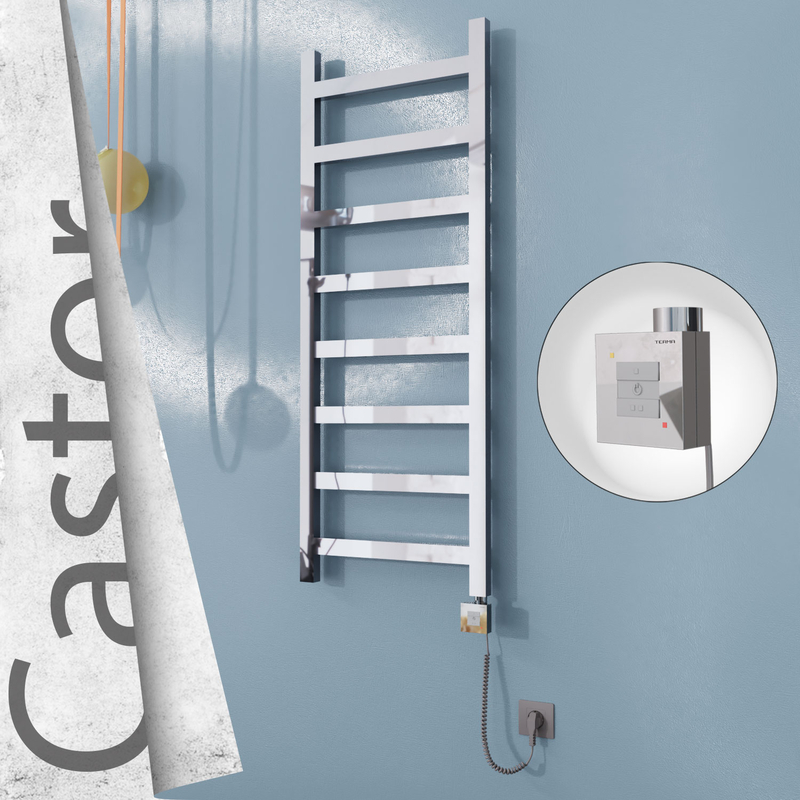 Castor Electric Stainless Steel Towel Rail 500x1300 Mirror Polished (KTX1 Thermostat) 300W Spiral Cable