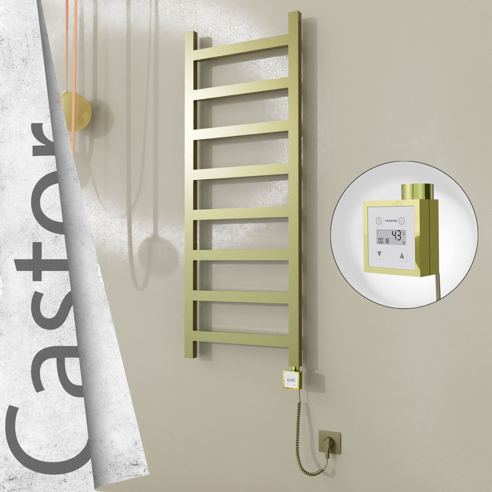 Castor Electric Stainless Steel Towel Rail 500x1300 Satin Gold (KTX3 Thermostat) 300W Spiral Cable - 1