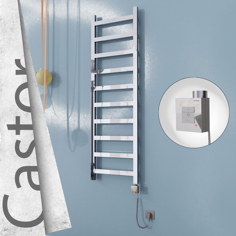 Castor Electric Stainless Steel Towel Rail 500x1620 Mirror Polished (KTX1 Thermostat) 300W Spiral Cable - 1