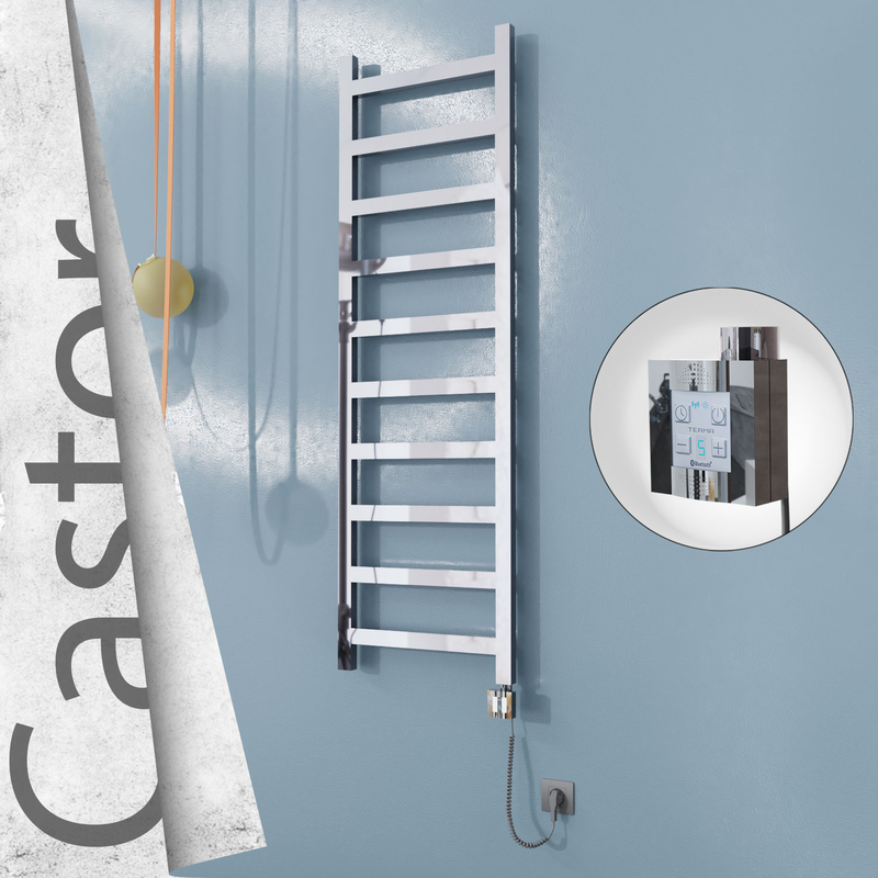 Castor Electric Stainless Steel Towel Rail 500x1620 Mirror Polished (KTX4 Thermostat) 300W Spiral Cable