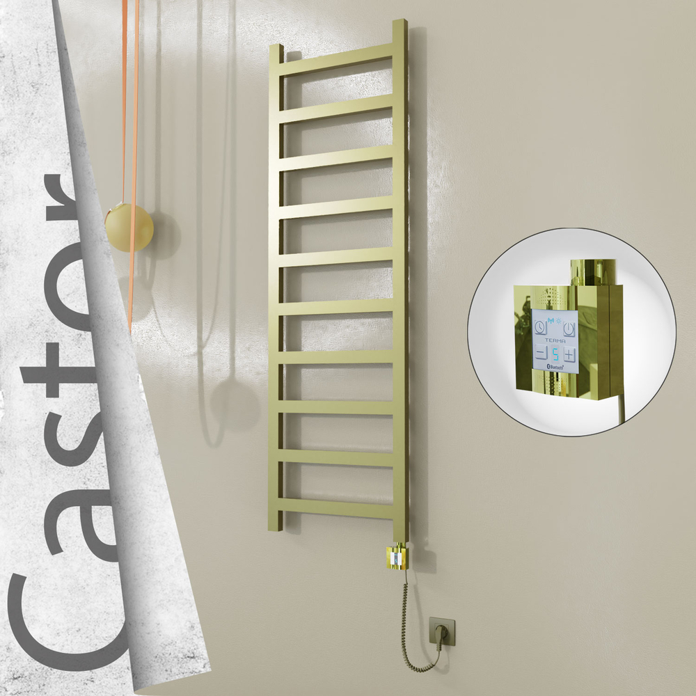 Castor Electric Stainless Steel Towel Rail 500x1620 Satin Gold (KTX4 Thermostat) 300W Spiral Cable - 1