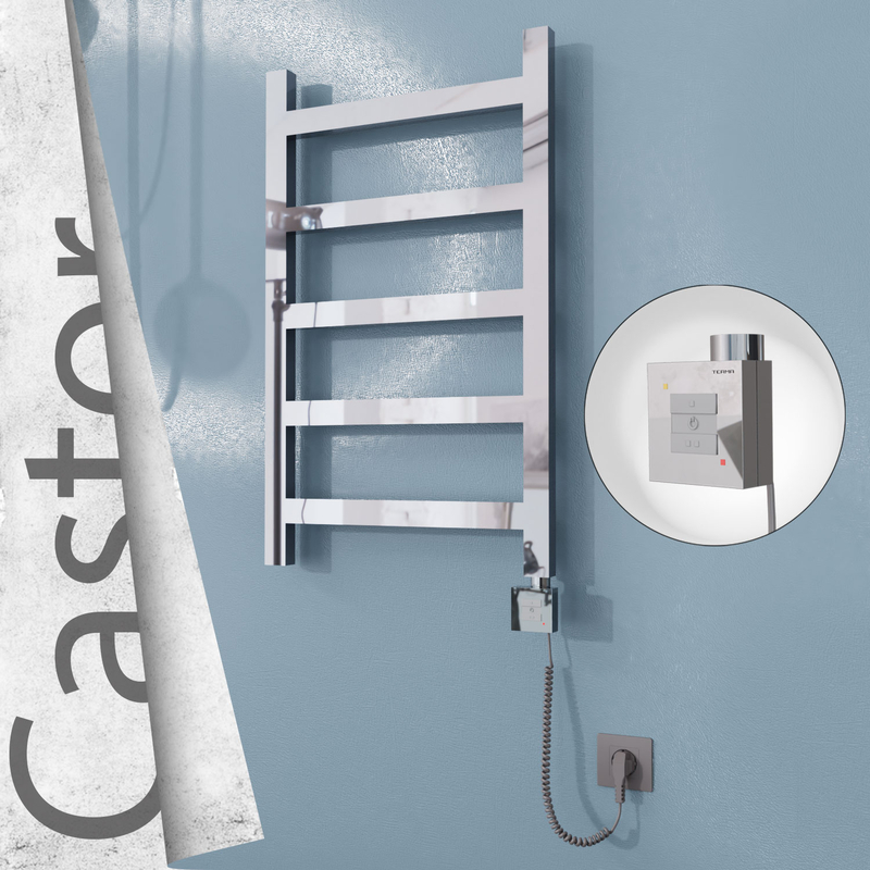 Castor Electric Stainless Steel Towel Rail 500x820 Mirror Polished (KTX1 Thermostat) 200W Spiral Cable 