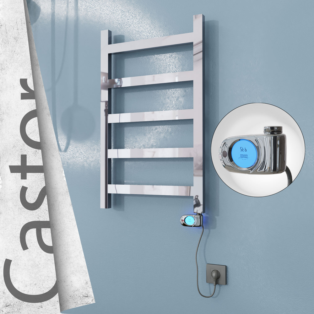 Castor Electric Stainless Steel Towel Rail 500x820 Mirror Polished (Musa Thermostat) 200W - 1