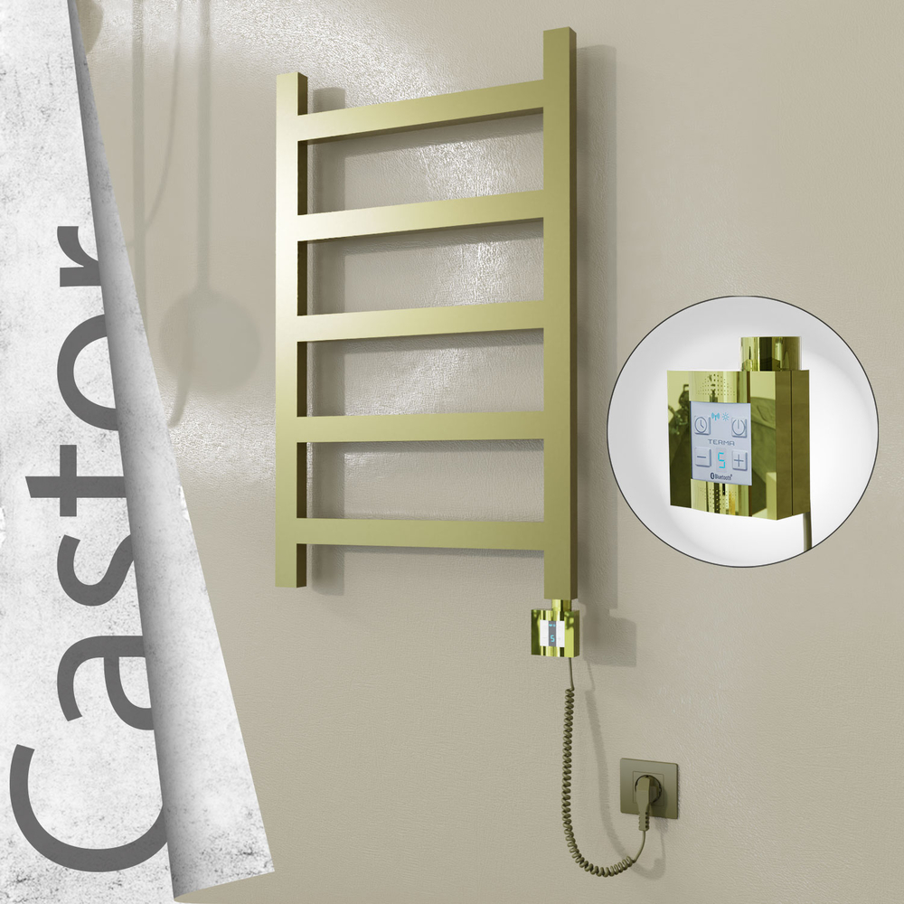 Castor Electric Stainless Steel Towel Rail 500x820 Satin Gold (KTX4 Thermostat) 200W Spiral Cable - 1