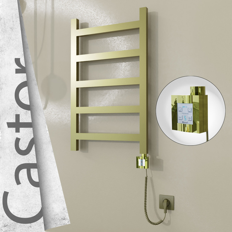 Castor Electric Stainless Steel Towel Rail 500x820 Satin Gold (KTX4 Thermostat) 200W Spiral Cable 