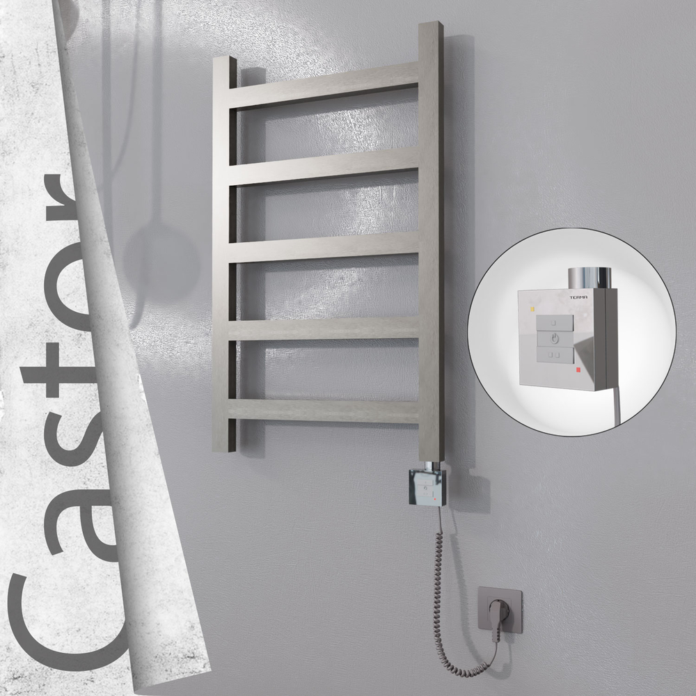 Castor Electric Stainless Steel Towel Rail 500x820 Satin Polished (KTX1 Thermostat) 200W Spiral Cable - 1
