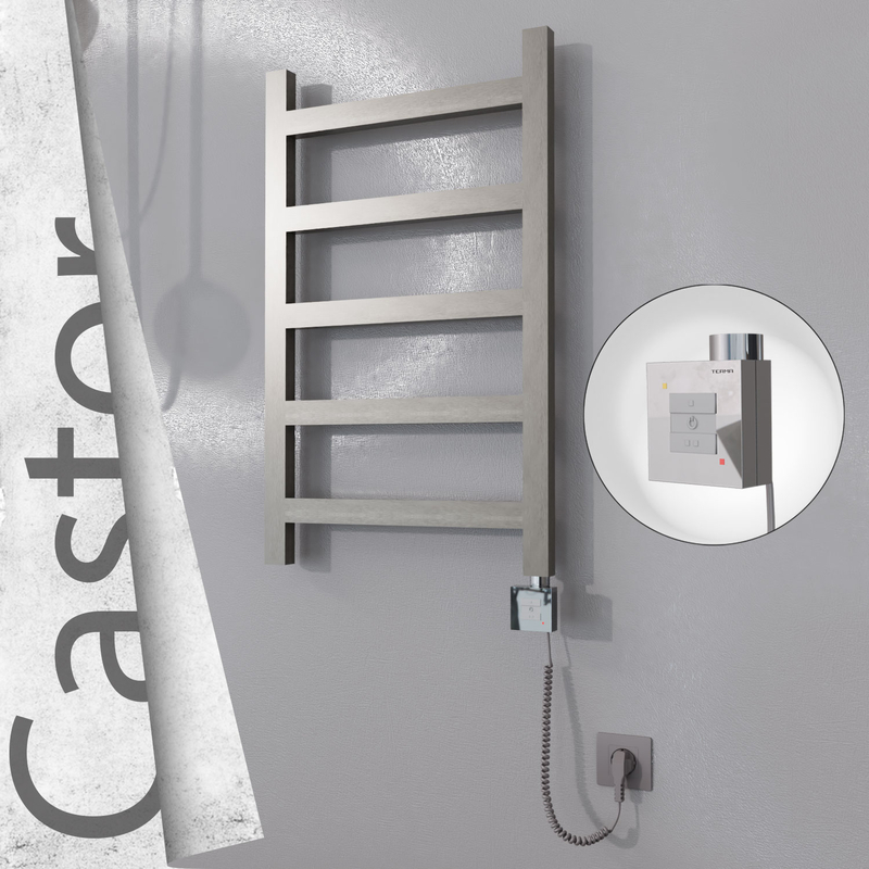 Castor Electric Stainless Steel Towel Rail 500x820 Satin Polished (KTX1 Thermostat) 200W Spiral Cable 