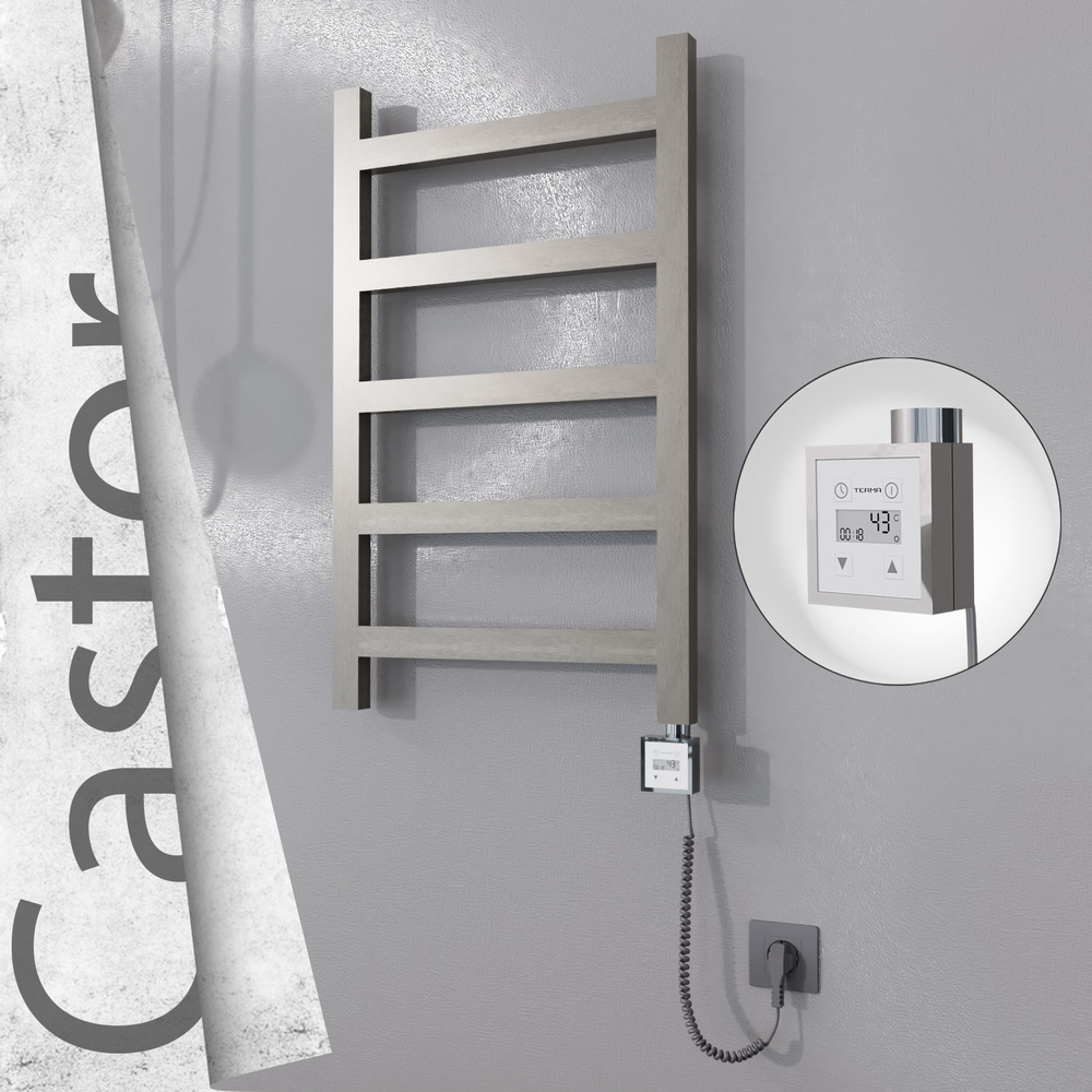 Castor Electric Stainless Steel Towel Rail 500x820 Satin Polished (KTX3 Thermostat) 200W Spiral Cable - 1