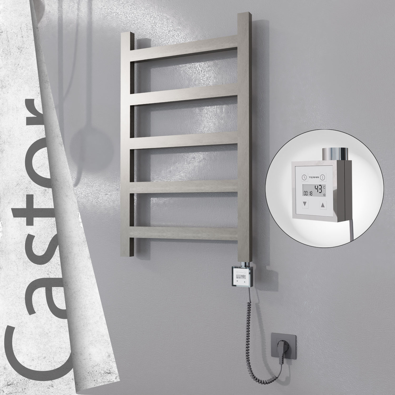 Castor Electric Stainless Steel Towel Rail 500x820 Satin Polished (KTX3 Thermostat) 200W Spiral Cable 