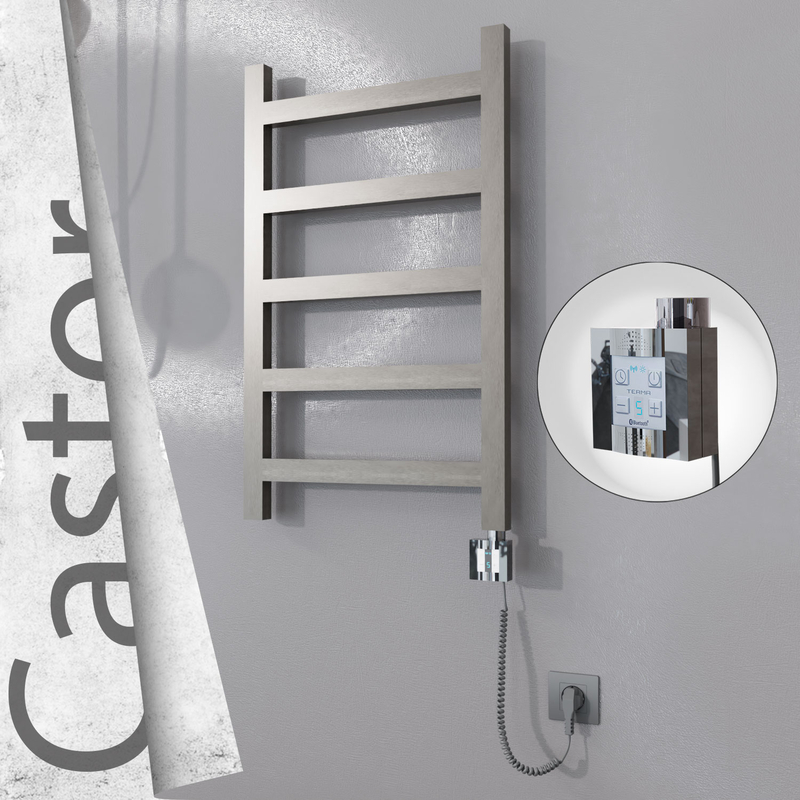 Castor Electric Stainless Steel Towel Rail 500x820 Satin Polished (KTX4 Thermostat) 200W Spiral Cable 