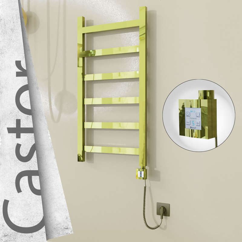 Castor Electric Stainless Steel Towel Rail 500x980 Gold (KTX4 Thermostat) 300W Spiral Cable