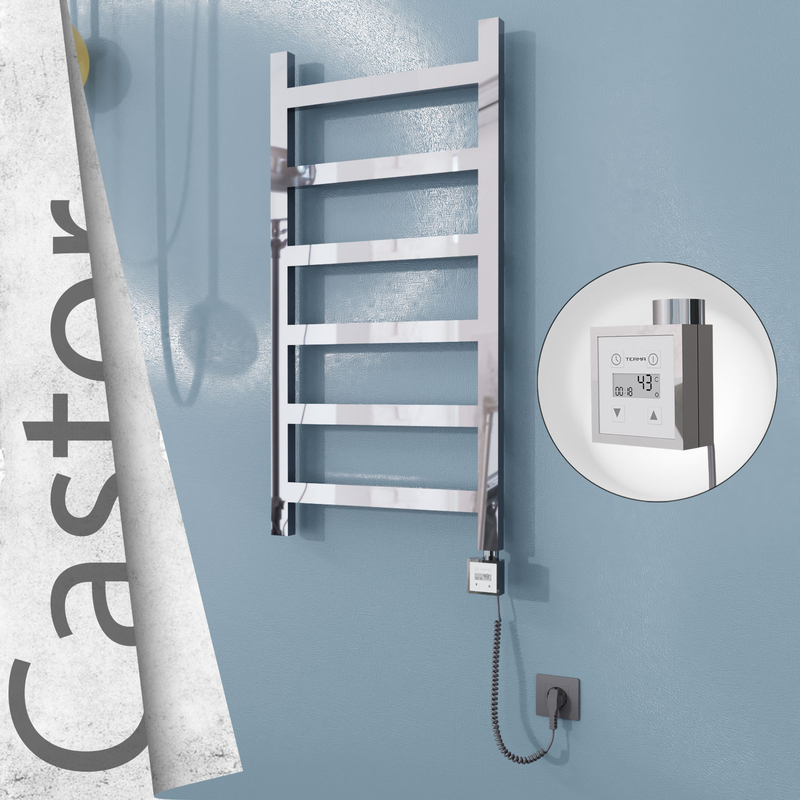 Castor Electric Stainless Steel Towel Rail 500x980 Mirror Polished (KTX3 Thermostat) 300W Spiral Cable