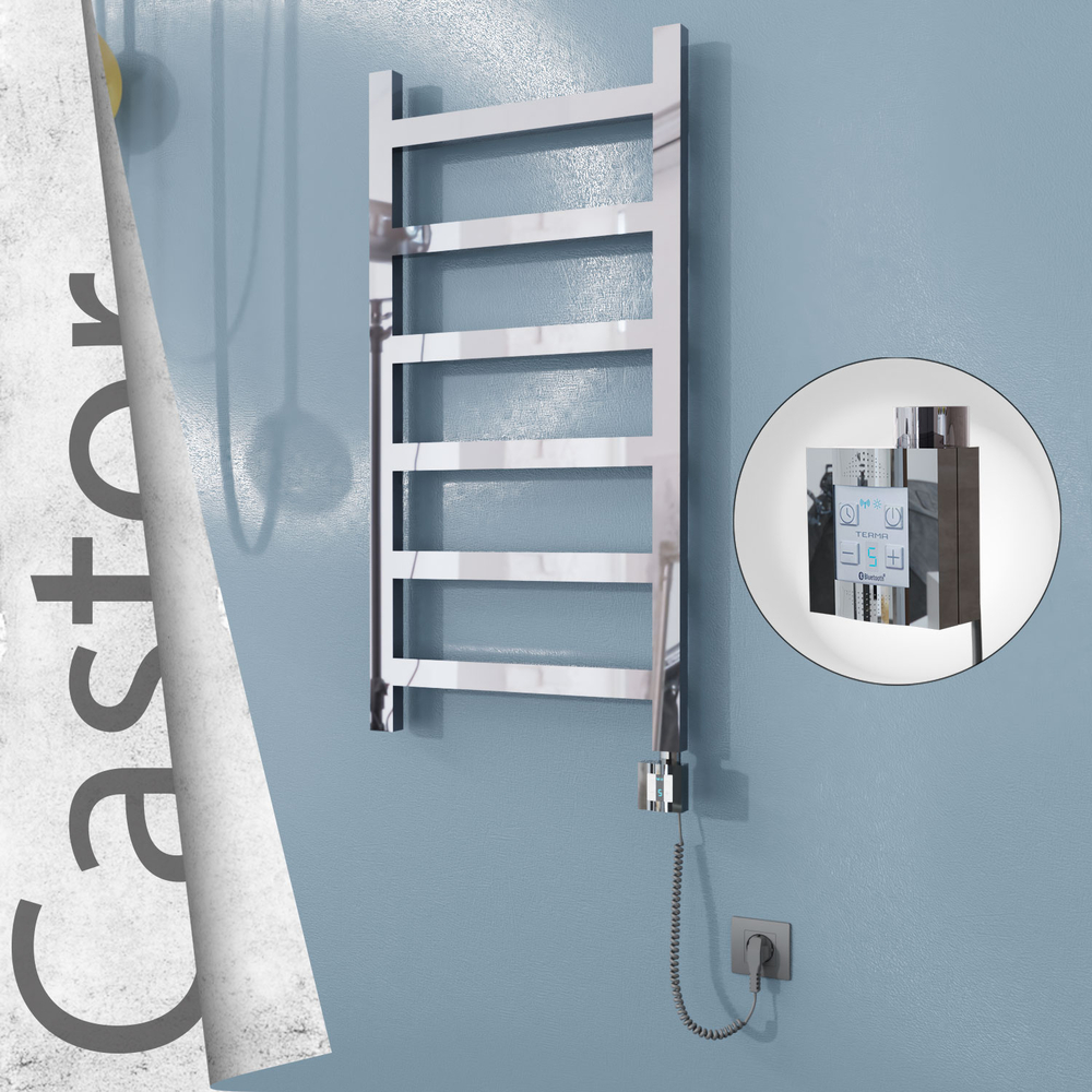 Castor Electric Stainless Steel Towel Rail 500x980 Mirror Polished (KTX4 Thermostat) 300W Spiral Cable - 1