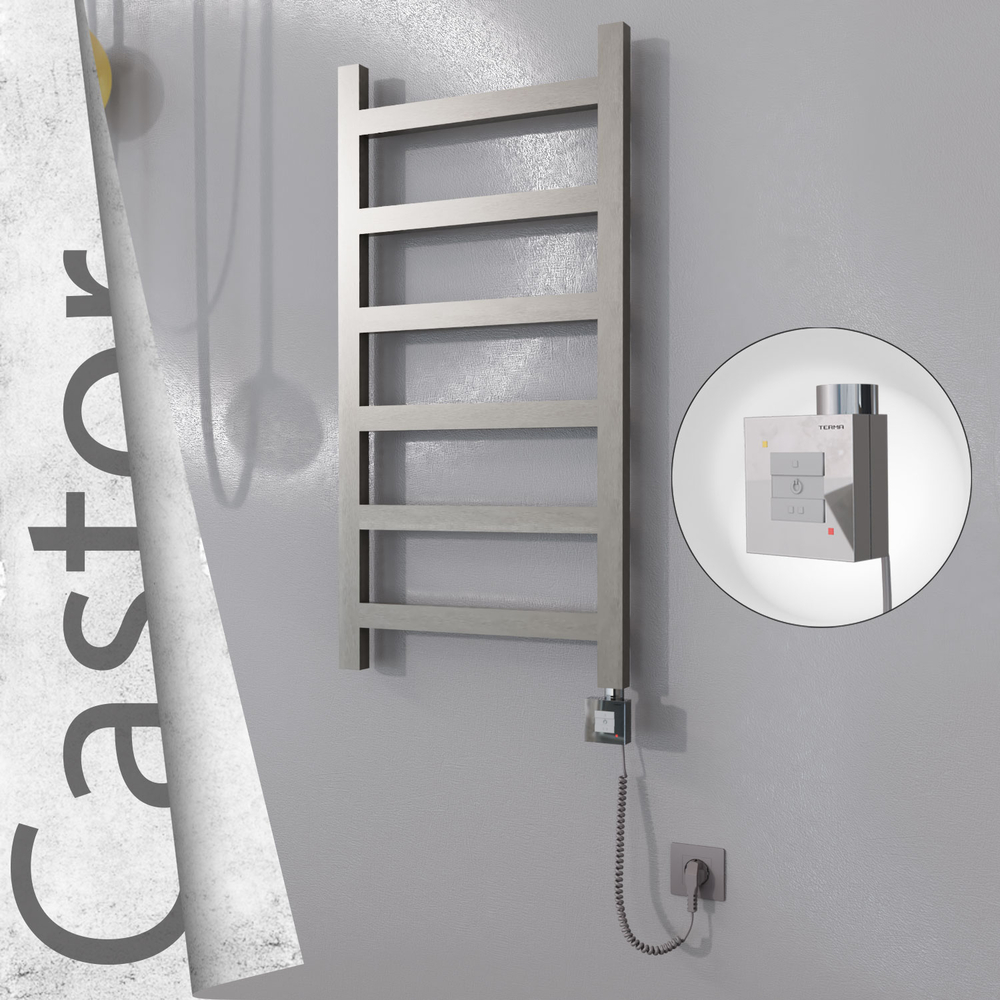 Castor Electric Stainless Steel Towel Rail 500x980 Satin Polished (KTX1 Thermostat) 300W Spiral Cable - 1