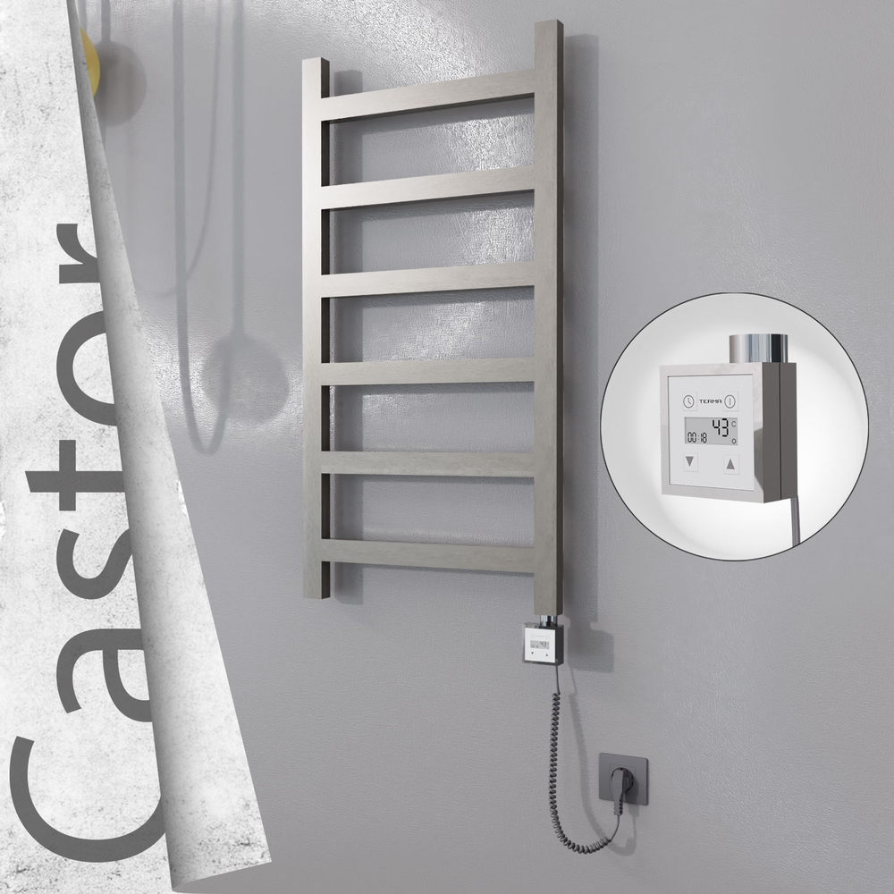 Castor Electric Stainless Steel Towel Rail 500x980 Satin Polished (KTX3 Thermostat) 300W Spiral Cable - 1