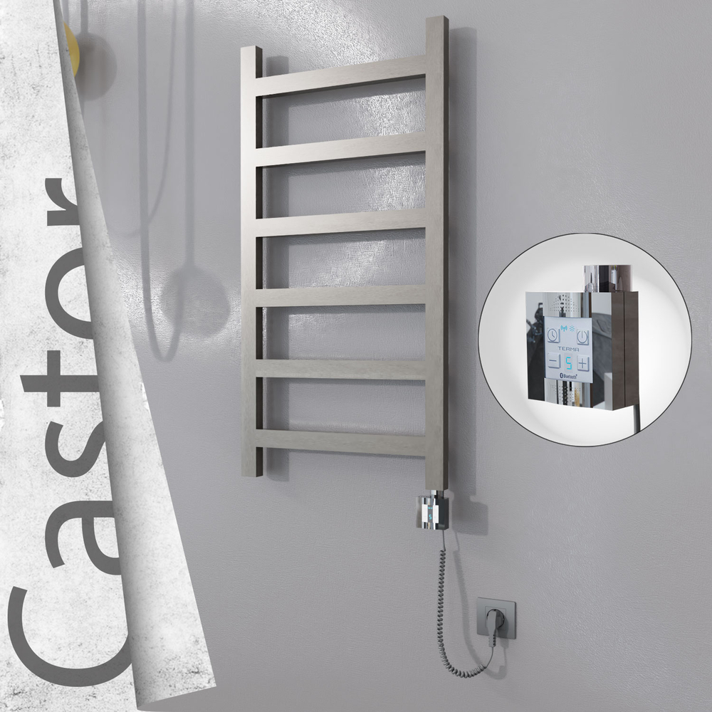 Castor Electric Stainless Steel Towel Rail 500x980 Satin Polished (KTX4 Thermostat) 300W Spiral Cable - 1