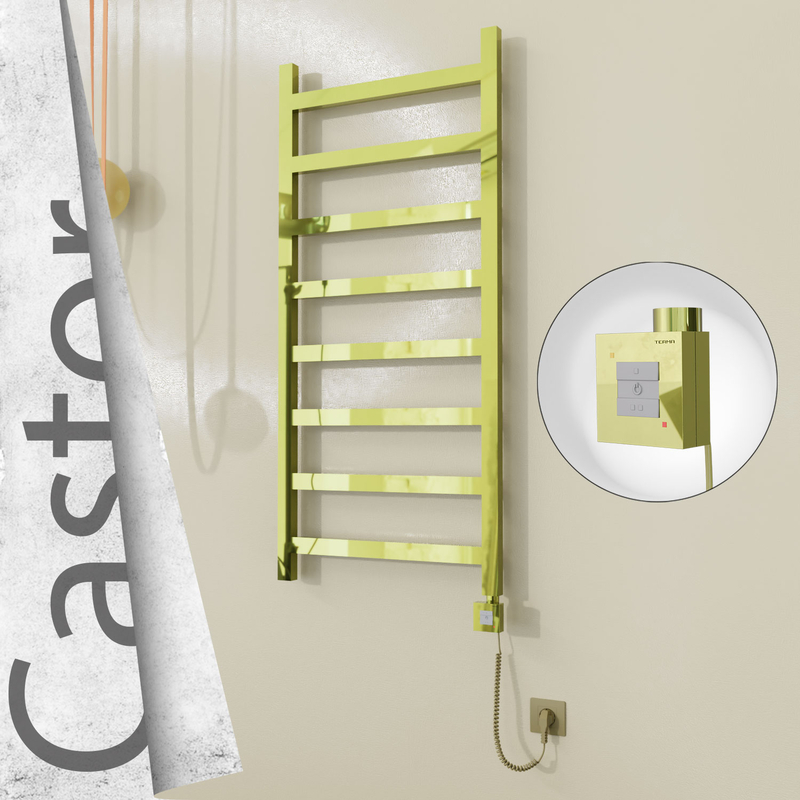 Castor Electric Stainless Steel Towel Rail 600x1300 Gold (KTX1 Thermostat) 300W Spiral Cable