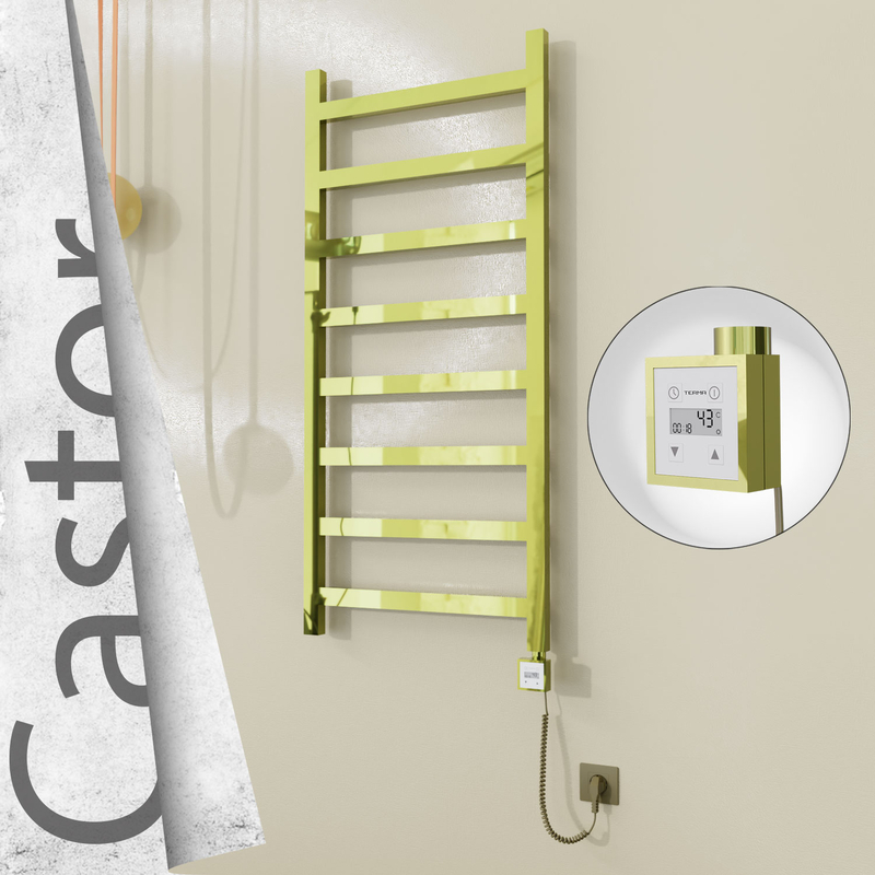 Castor Electric Stainless Steel Towel Rail 600x1300 Gold (KTX3 Thermostat) 300W Spiral Cable