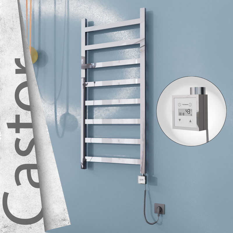 Castor Electric Stainless Steel Towel Rail 600x1300 Mirror Polished (KTX3 Thermostat) 300W Spiral Cable