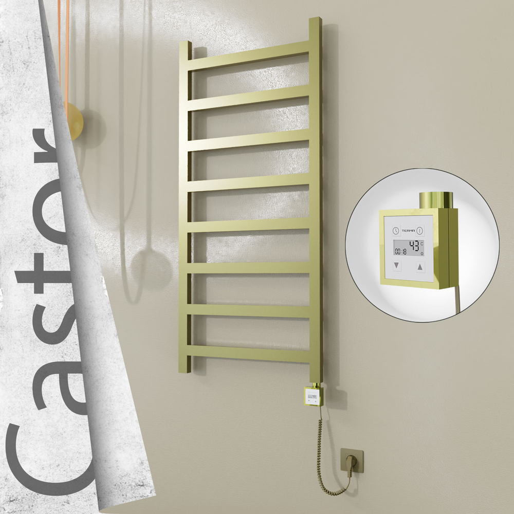 Castor Electric Stainless Steel Towel Rail 600x1300 Satin Gold (KTX3 Thermostat) 300W Spiral Cable - 1