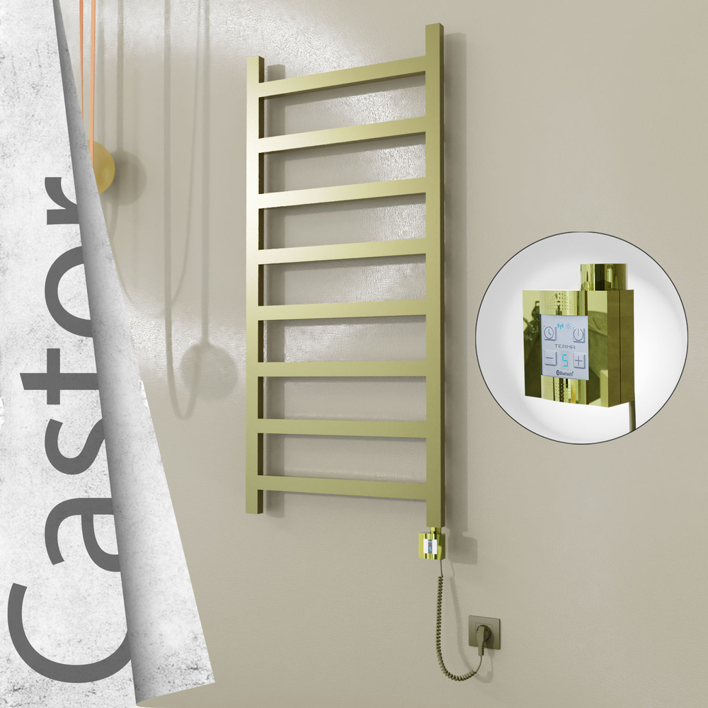 Castor Electric Stainless Steel Towel Rail 600x1300 Satin Gold (KTX4 Thermostat) 300W Spiral Cable - 1