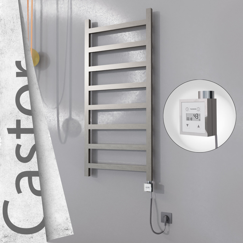 Castor Electric Stainless Steel Towel Rail 600x1300 Satin Polished (KTX3 Thermostat) 300W Spiral Cable