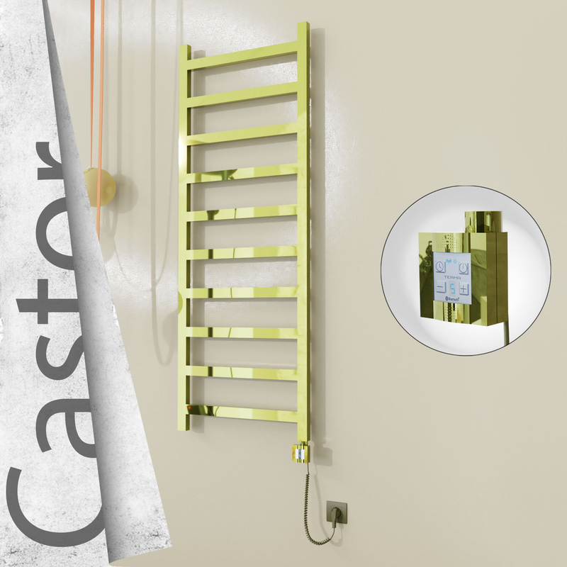 Castor Electric Stainless Steel Towel Rail 600x1620 Gold (KTX4 Thermostat) 600W Spiral Cable
