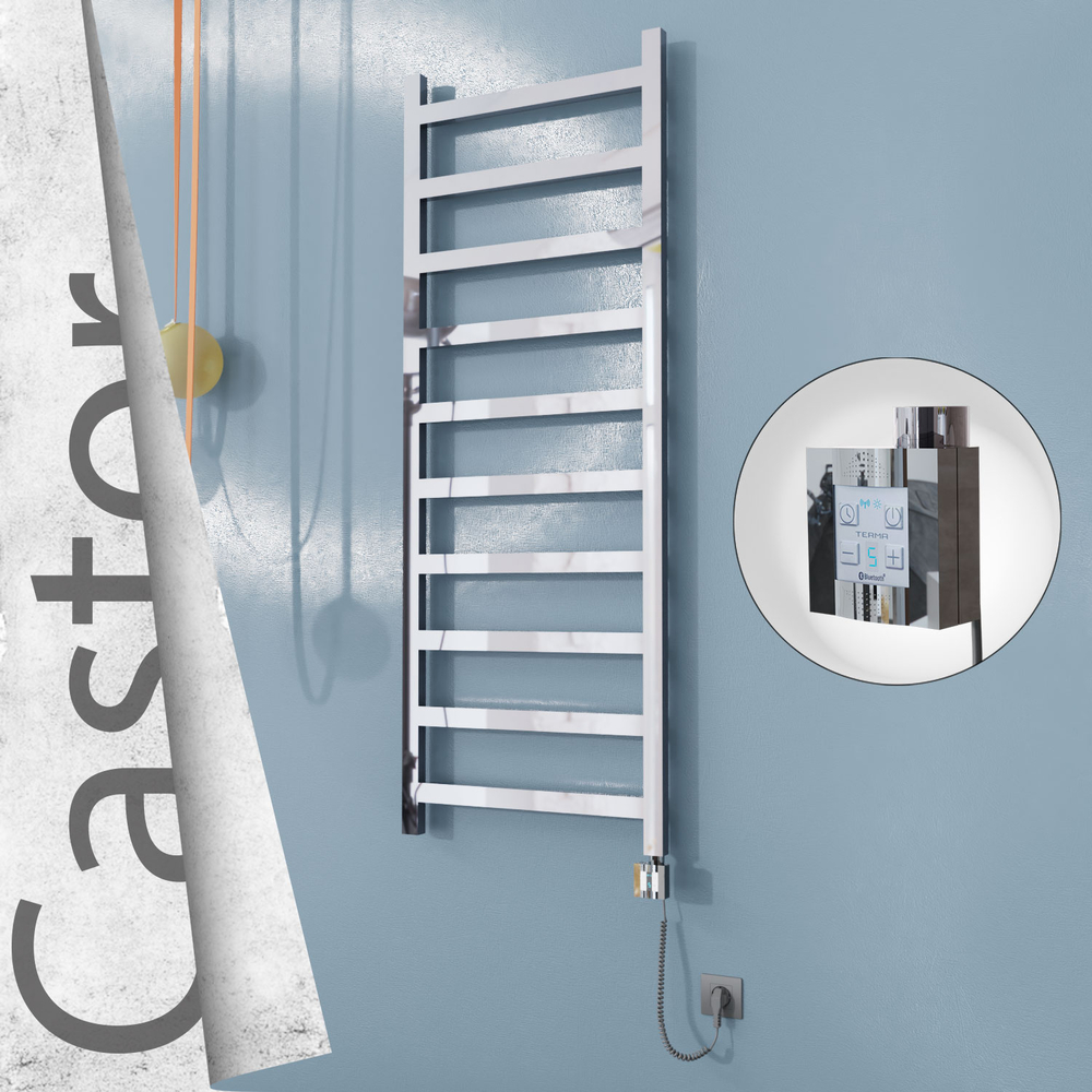 Castor Electric Stainless Steel Towel Rail 600x1620 Mirror Polished (KTX4 Thermostat) 600W Spiral Cable - 1