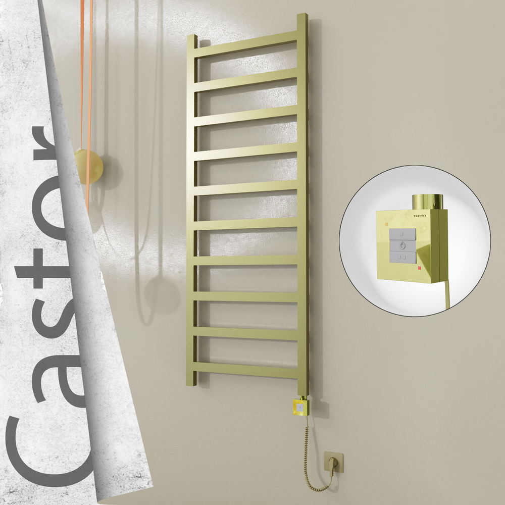 Castor Electric Stainless Steel Towel Rail 600x1620 Satin Gold (KTX1 Thermostat) 600W Spiral Cable - 1