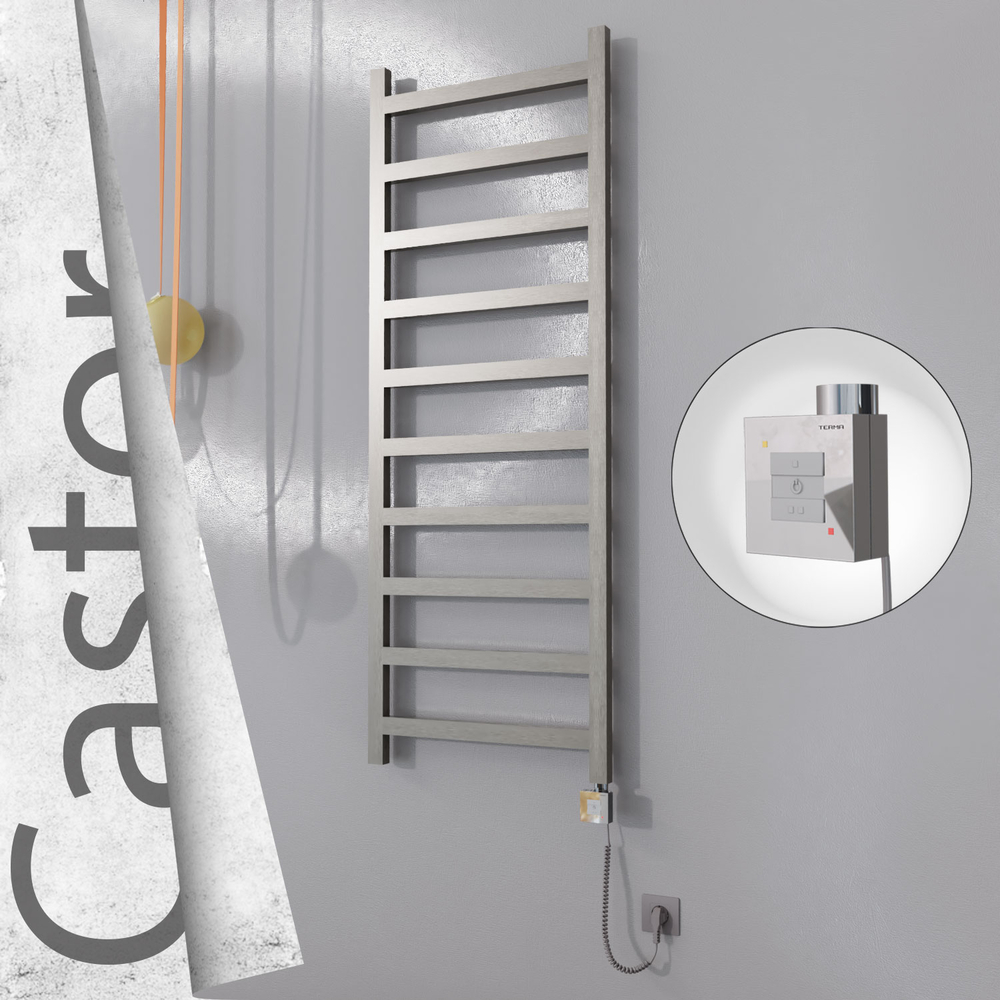 Castor Electric Stainless Steel Towel Rail 600x1620 Satin Polished (KTX1 Thermostat) 600W Spiral Cable - 1