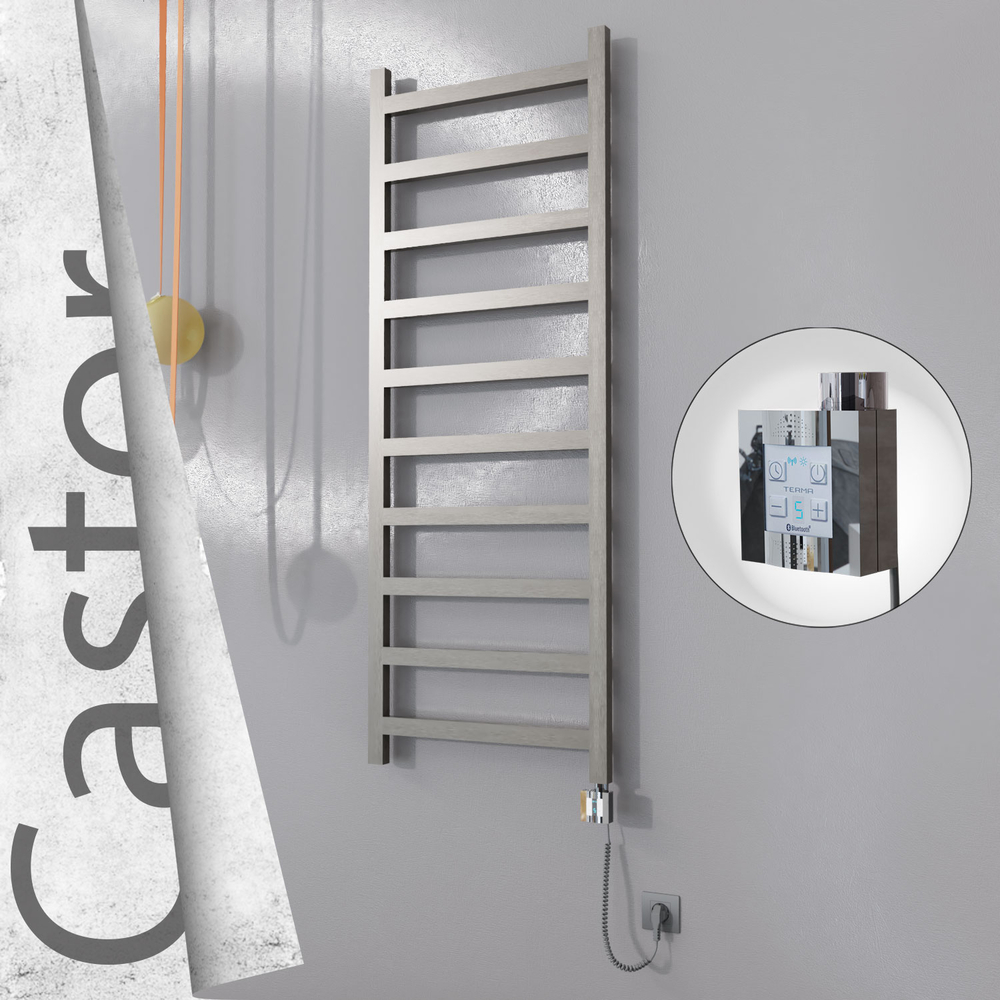 Castor Electric Stainless Steel Towel Rail 600x1620 Satin Polished (KTX4 Thermostat) 600W Spiral Cable - 1