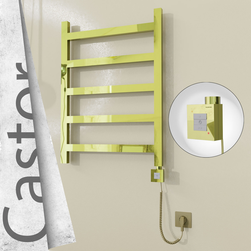 Castor Electric Stainless Steel Towel Rail 600x820 Gold (KTX1 Thermostat) 200W Spiral Cable 