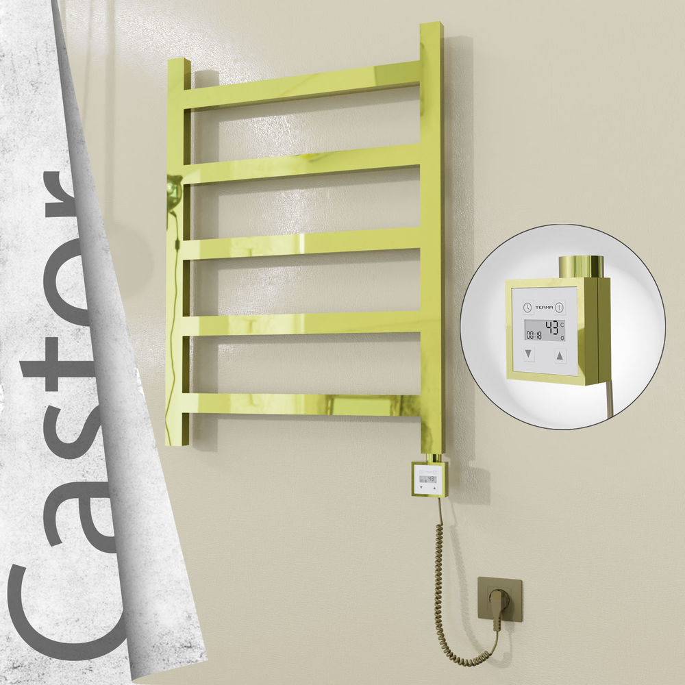Castor Electric Stainless Steel Towel Rail 600x820 Gold (KTX3 Thermostat) 200W Spiral Cable - 1