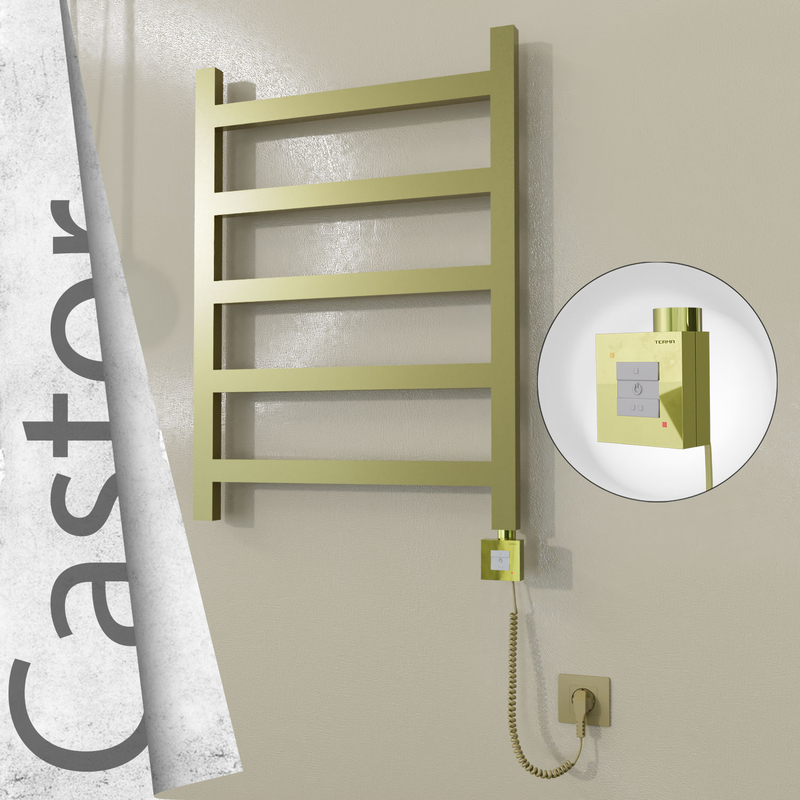 Castor Electric Stainless Steel Towel Rail 600x820 Satin Gold (KTX1 Thermostat) 200W Spiral Cable 