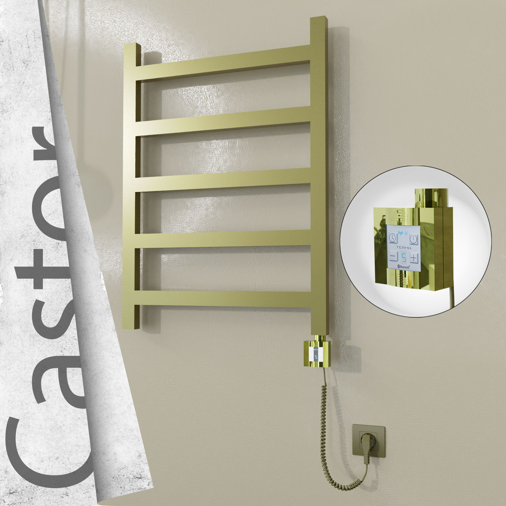Castor Electric Stainless Steel Towel Rail 600x820 Satin Gold (KTX4 Thermostat) 200W Spiral Cable - 1