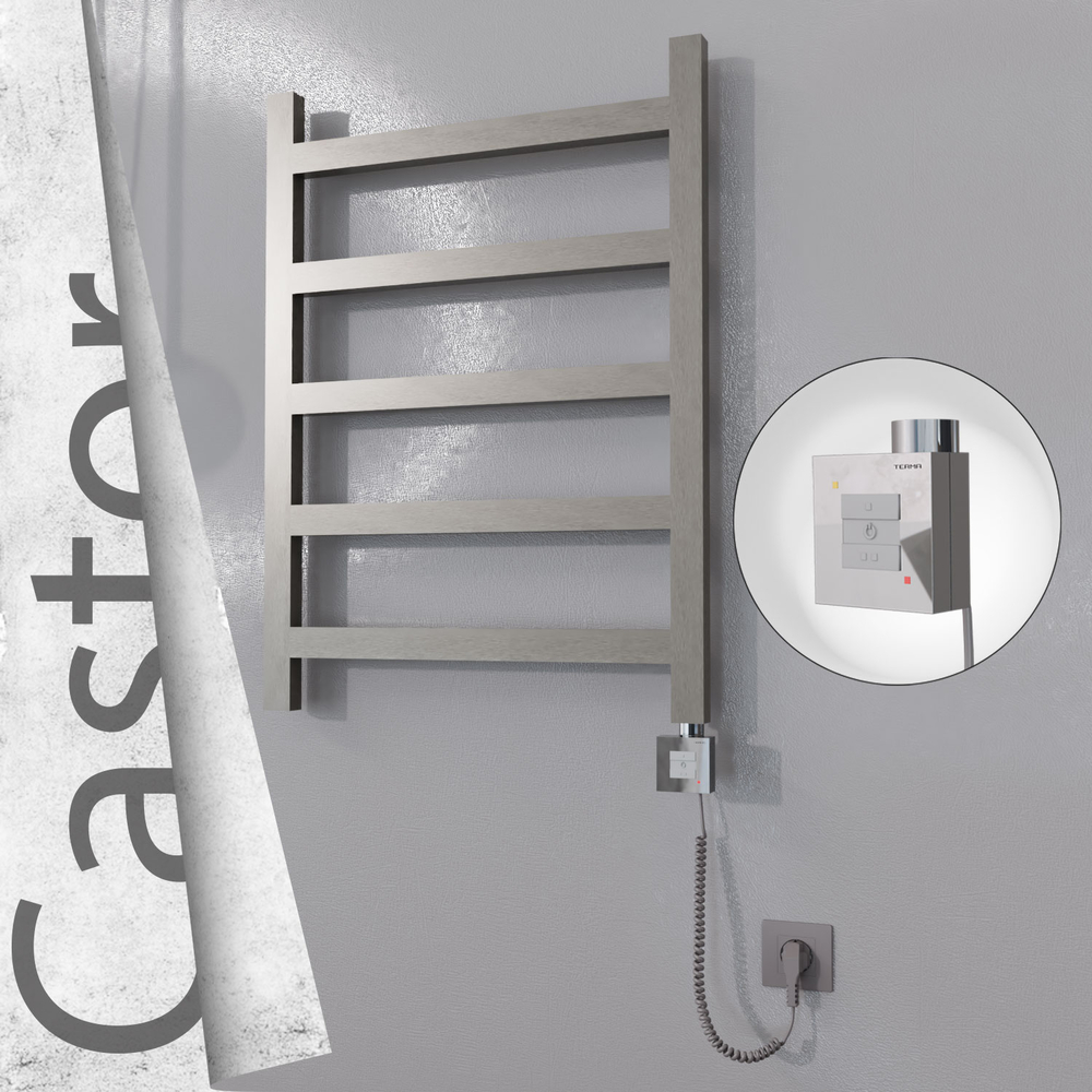 Castor Electric Stainless Steel Towel Rail 600x820 Satin Polished (KTX1 Thermostat) 200W Spiral Cable - 1
