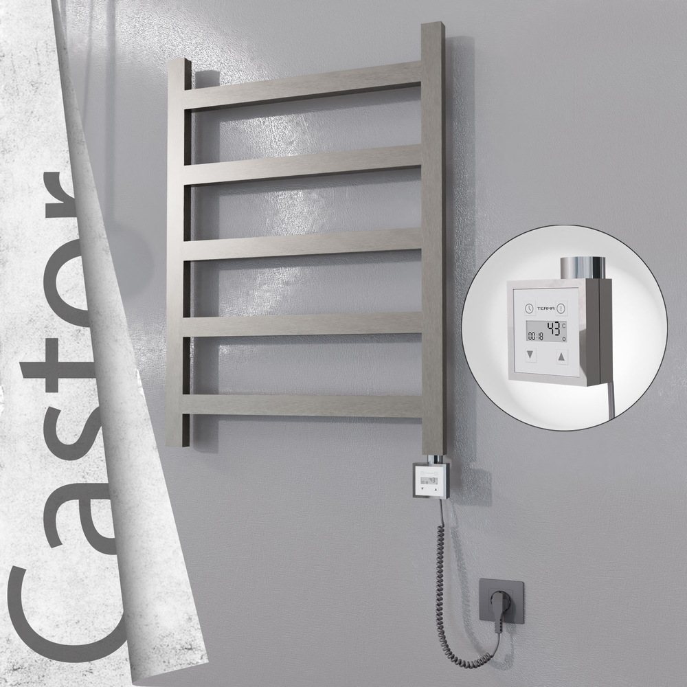 Castor Electric Stainless Steel Towel Rail 600x820 Satin Polished (KTX3 Thermostat) 200W Spiral Cable - 1