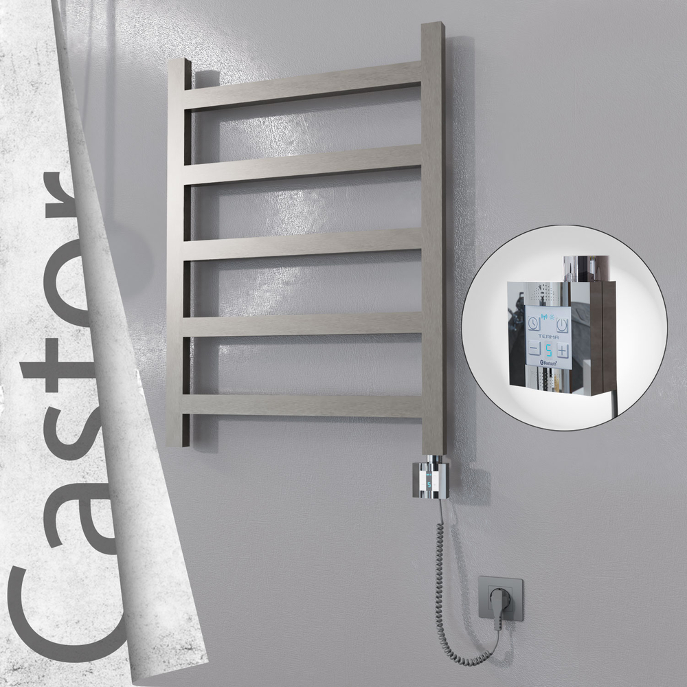 Castor Electric Stainless Steel Towel Rail 600x820 Satin Polished (KTX4 Thermostat) 200W Spiral Cable - 1