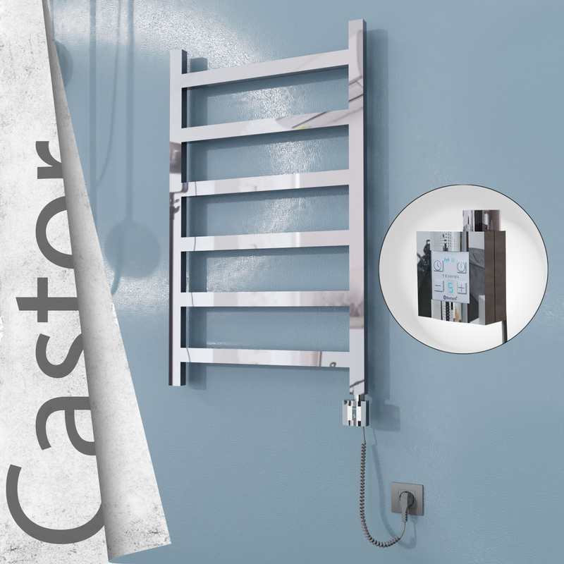 Castor Electric Stainless Steel Towel Rail 600x980 Mirror Polished (KTX4 Thermostat) 300W Spiral Cable